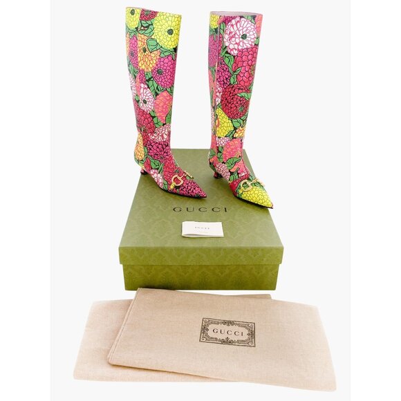 Gucci Ken Scott Horsebit Knee High Boot EU 36.5 US 6.5 Pink Floral Kitten Heel - Picture 1 of 14